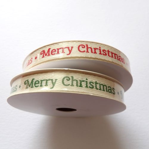 10 metre reel of herringbone Cream with Merry Christmas design ribbon 10mm wide