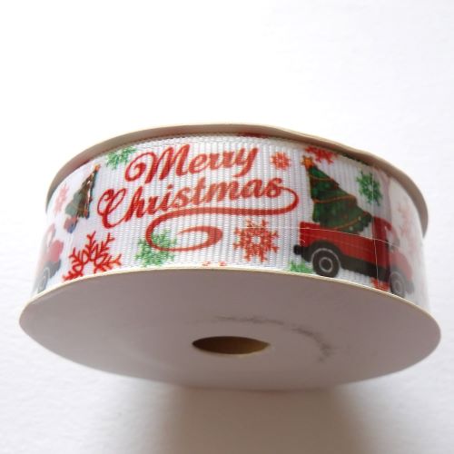 10 metres of White grosgrain ribbon with Merry Christmas and tree in red van design 22mm wide