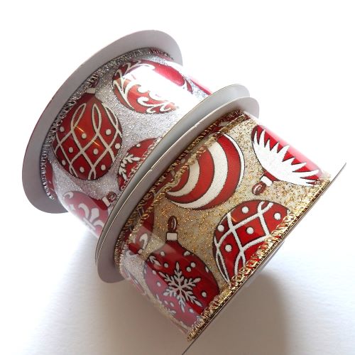 10 metres of Metallic ribbon with red and white Christmas baubles size 38mm