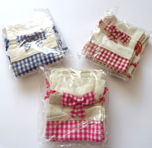 3 draw string fabric gift bags cream with fabric gingham bow size 15cm x 12cm choice of colour