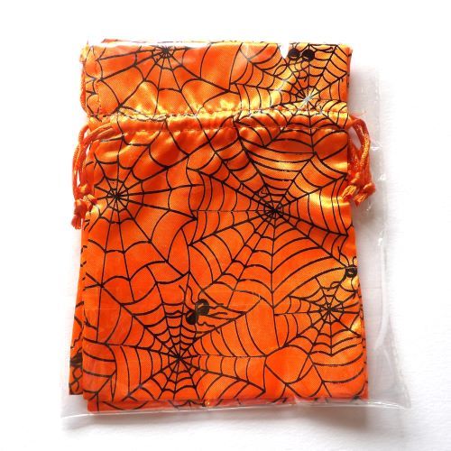 3 draw string satin type fabric gift bags orange and black web Halloween design size 18cm x 13cm