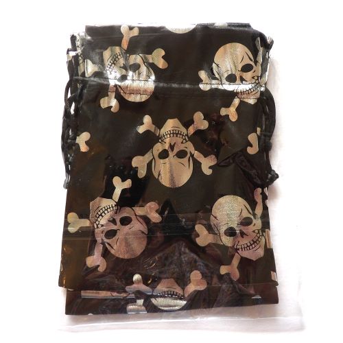 3 draw string satin type fabric gift bags Black with Silver Metallic Scull Halloween design size 18cm x 13cm