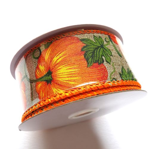 10 metres of fawn fabric type wired edge ribbon with orange Pumpkins Halloween design 38mm wide
