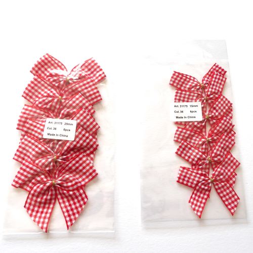 Pack of 6 Red Gingham Bows with adhesive pad on the back