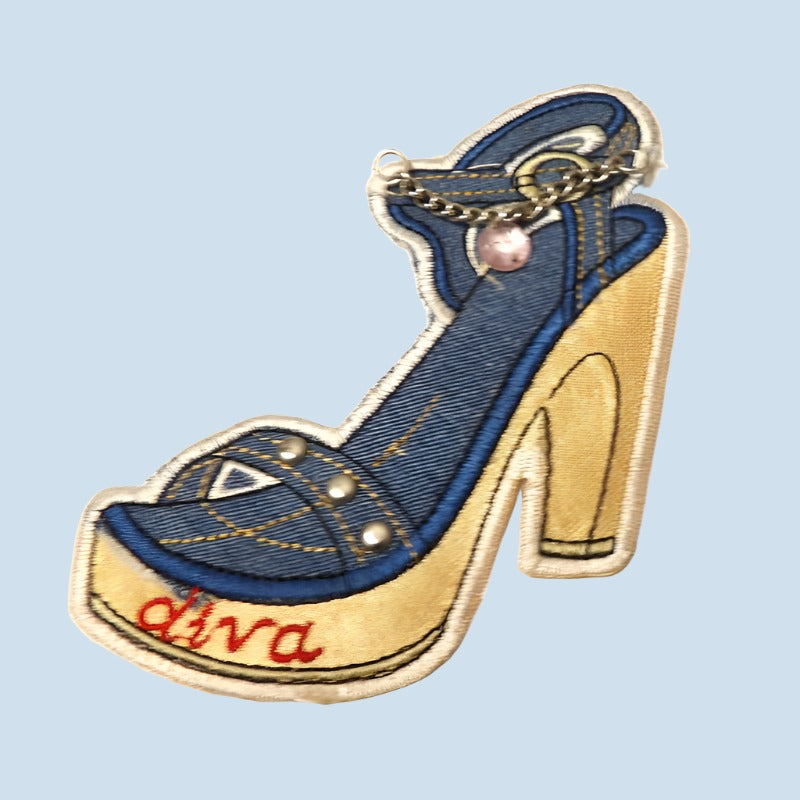5 denim type iron on shoe motifs diva with chain and metal studs size 11 x 9 cm clearance