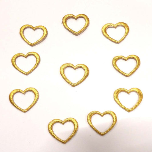 10 gold lurex heart iron on motifs size 26mm x 21mm clearance