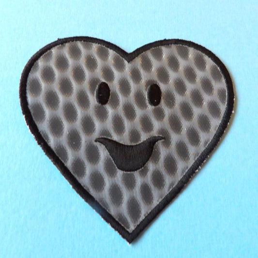 5 grey holographic embroidered heart motif with smiley face size 75mm clearance