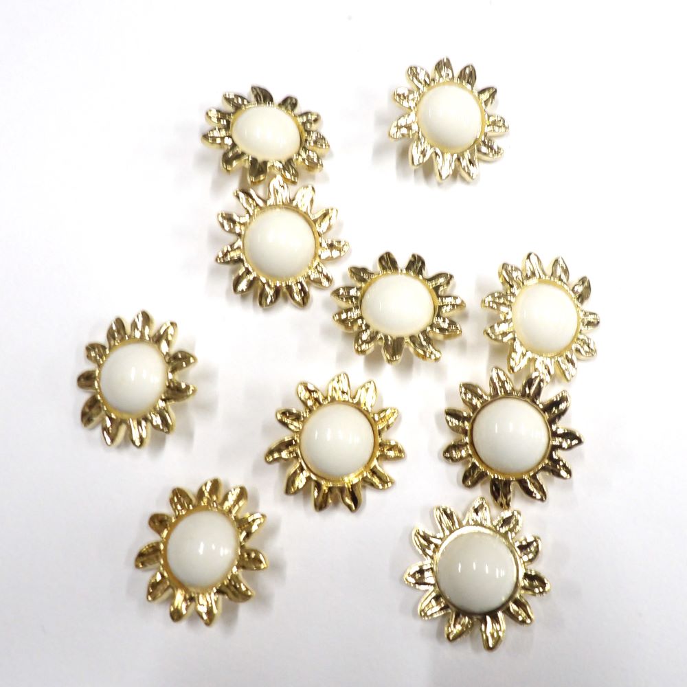 10 large flower shape gold shank buttons with ivory domed centre size 32mm clearance