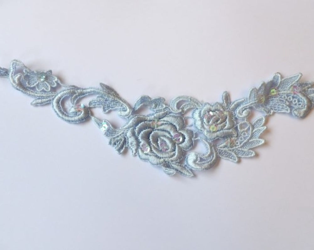 light blue embroidered flower motif with sequins size 30cm x 6cm  clearance