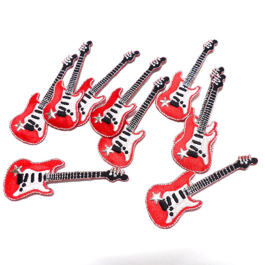 10 iron on embroidered red / silver guitar shape motifs with silver star size 24mm x 85mm clearance