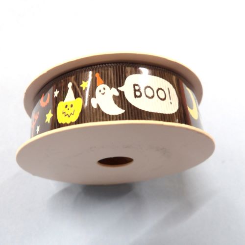 10 metres of black grosgrain ribbon with Halloween Ghost Boo design 22mm wide