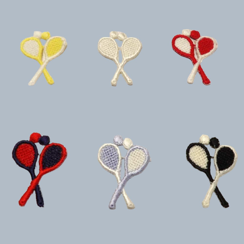 20 Small Tennis rackets and balls design small IRON ON motifs size 35mm x 25mm choice of colour clearance