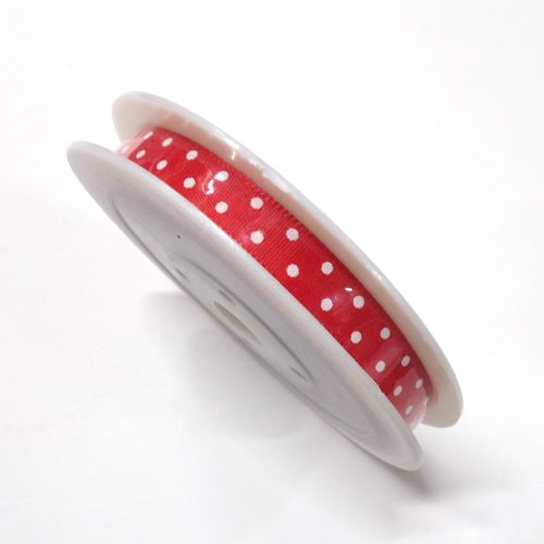 20 metres of 10mm red ribbon with white spots