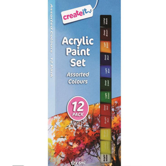 12 Acrylic Paints Assorted Colours 6ml Tubes Create It Brand