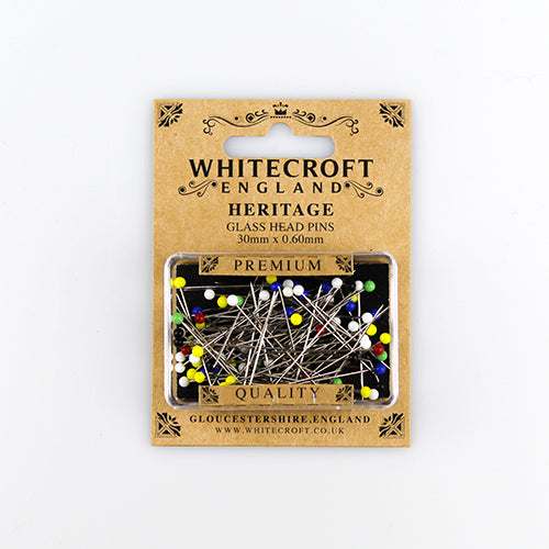 Card of GLASS pins assorted colours 30mm x 0.60mm 100 count HERITAGE PREMIUM Whitecroft brand