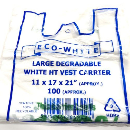 100 degradable plastic carrier bags white size 11cm x 17cm x 21cm