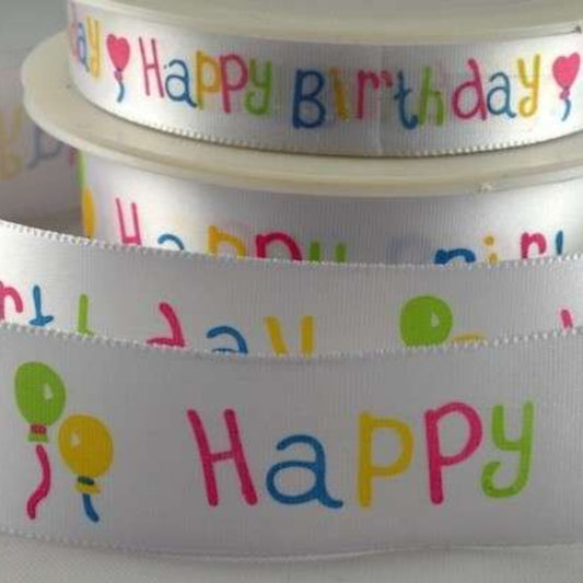 20 metre reel 25mm Happy Birthday Printed Ribbon