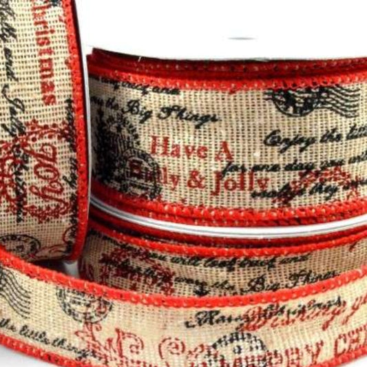 10 metres of Wired Merry Christmas Scroll Burlap Ribbon choice of width