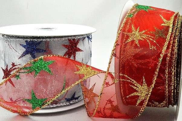10 metres of sheer multi sparkle star design wired edge ribbon 38mm wide
