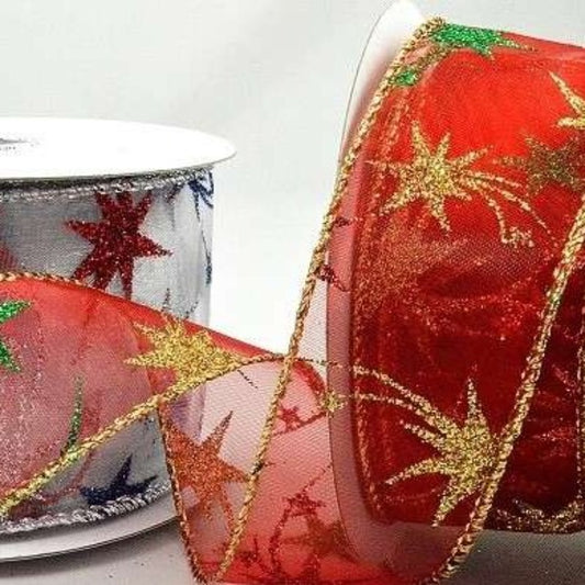 10 metres of sheer multi sparkle star design wired edge ribbon 38mm wide