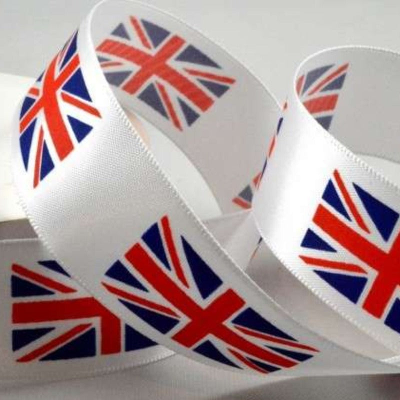 10 metre reel of 25mm White Union Jack Satin Flag Ribbon