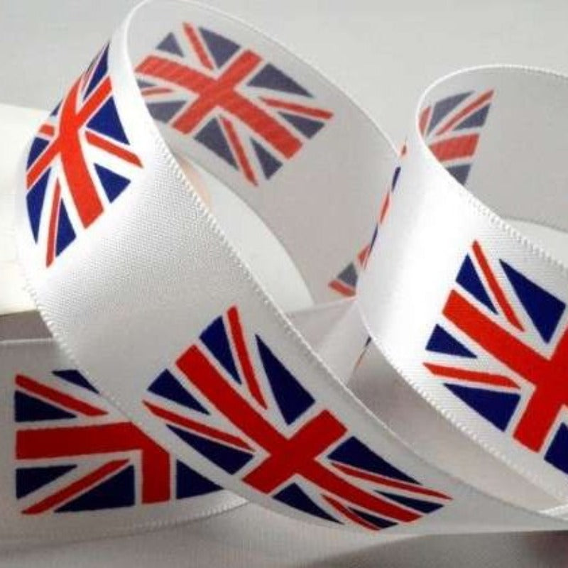 10 metre reel of 38mm White Union Jack Satin Flag Ribbon