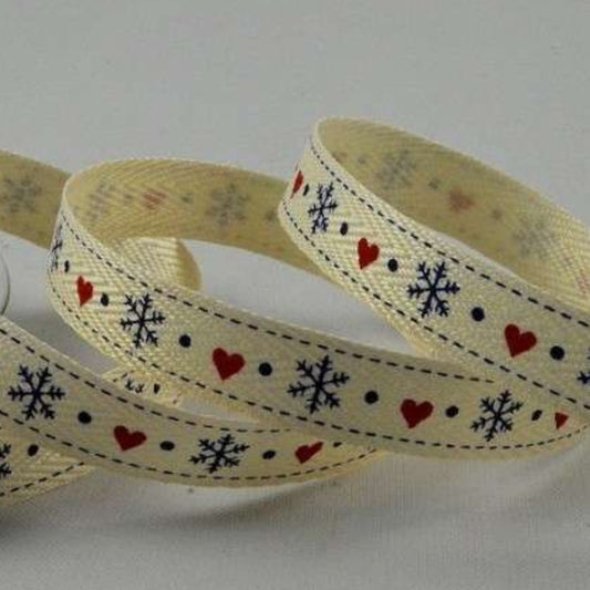 10 metre reel of herringbone Heart and Snowflake ribbon 10mm wide Christmas Ribbon