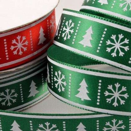 10 metres of Christmas Trees and Snow flake Printed Ribbon 15mm wide