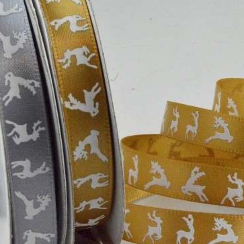 10 metres of Reindeer Printed Christmas Satin Ribbon 10mm wide