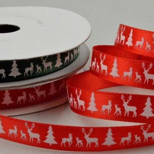 10 metres of Reindeer and Christmas Trees Printed Christmas Satin Ribbon 10mm wide