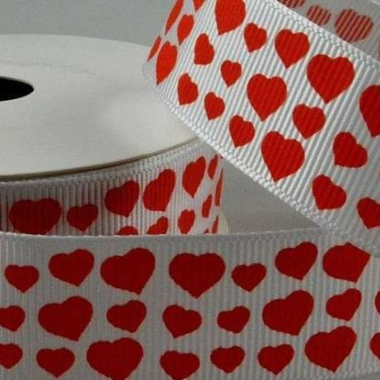 10 metres of white grosgrain ribbon with red hearts size 22mm