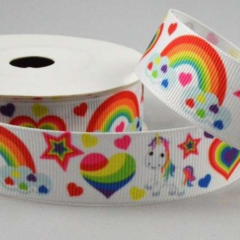 10 metres of white ribbon with rainbows stars unicorns and hearts 22mm wide