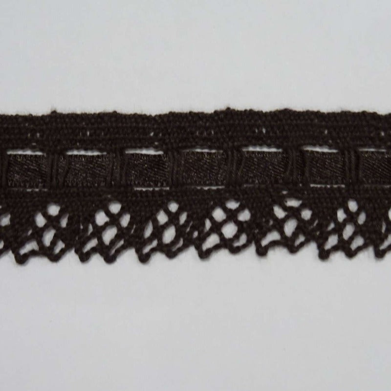 10 metres of dark brown cotton type lace with brown ribbon stotted into the lace 30mm wide clearance