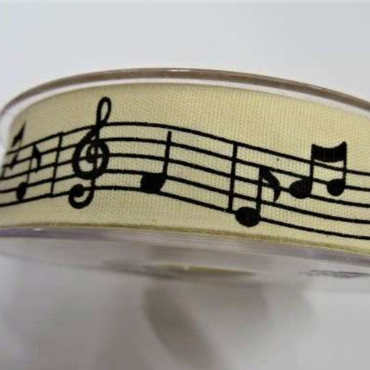 20 metre reel of cream cotton type ribbon with black MUSIC NOTE design 20mm wide ribbon