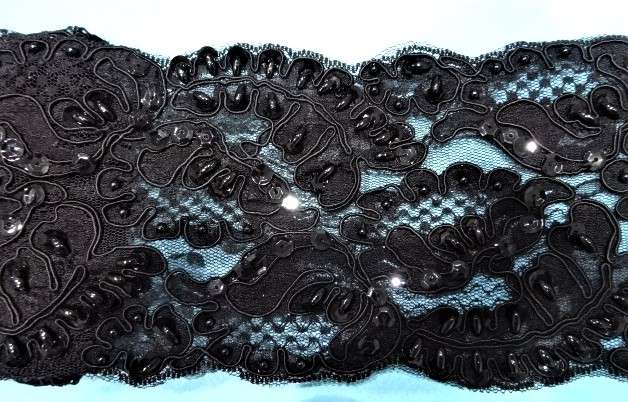 10 metres of Heavily Beaded Black corded lace with sequins 10cm / 4 inch wide clearance