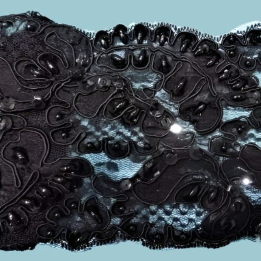 10 metres of Heavily Beaded Black corded lace with sequins 10cm / 4 inch wide clearance
