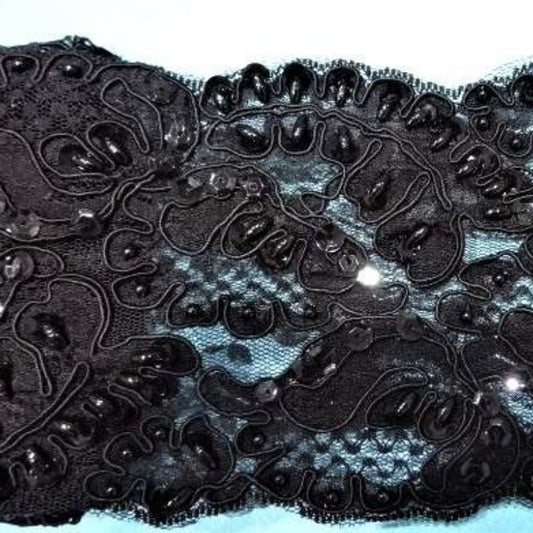 9.5 metre of Heavily Beaded Black corded lace with sequins 10cm / 4 inch wide clearance