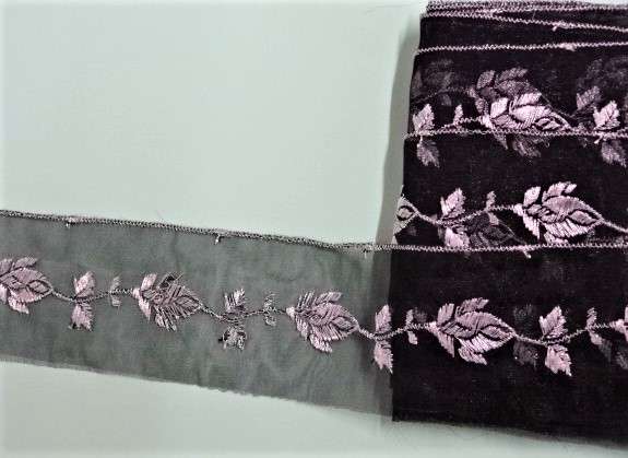 10 metres of black chiffon type straight lace with silver embroidered roses 50m wide clearance
