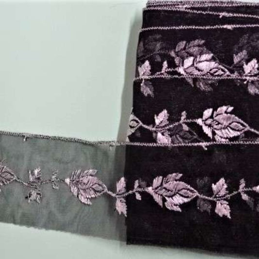 10 metres of black chiffon type straight lace with silver embroidered roses 50m wide clearance