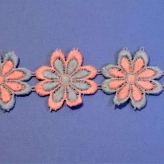 8 1/2 metres approximately guipure lace bright coloured daisy flowers pink / blue 50mm wide clearance