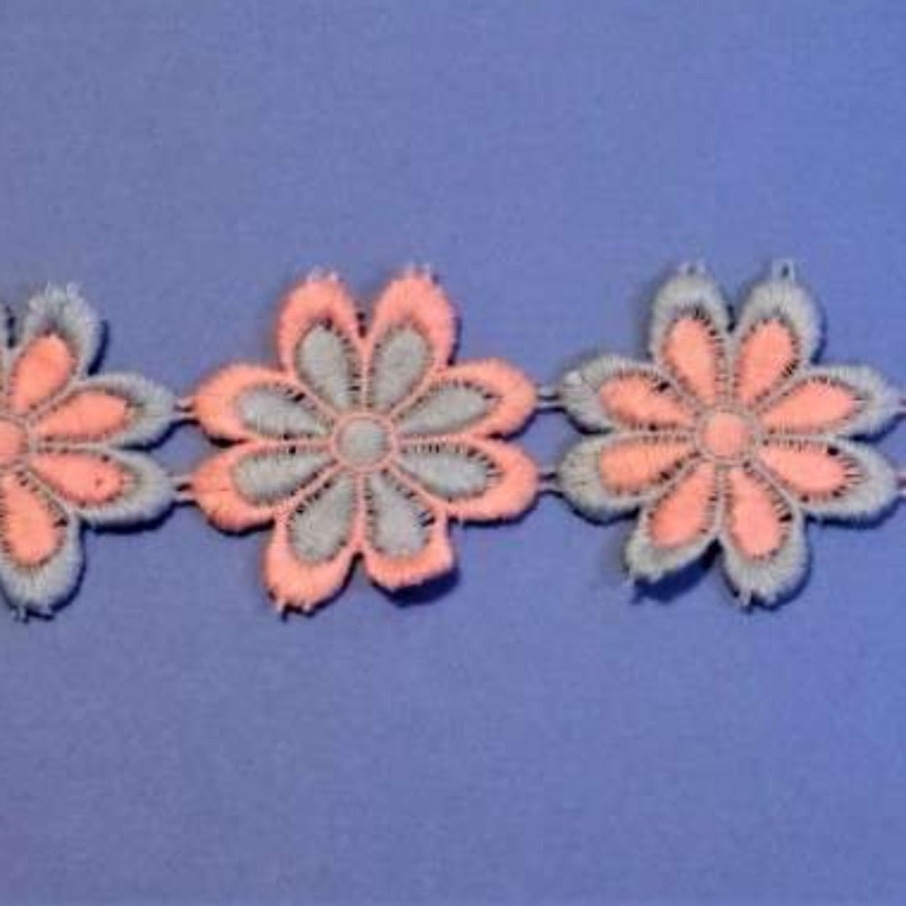 6 metres approximately guipure lace bright coloured daisy flowers pink / blue 50mm wide clearance