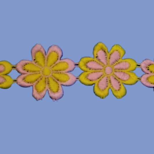 8 1/2 metres approximately guipure lace bright coloured daisy flowers pink / yellow 50mm wide clearance