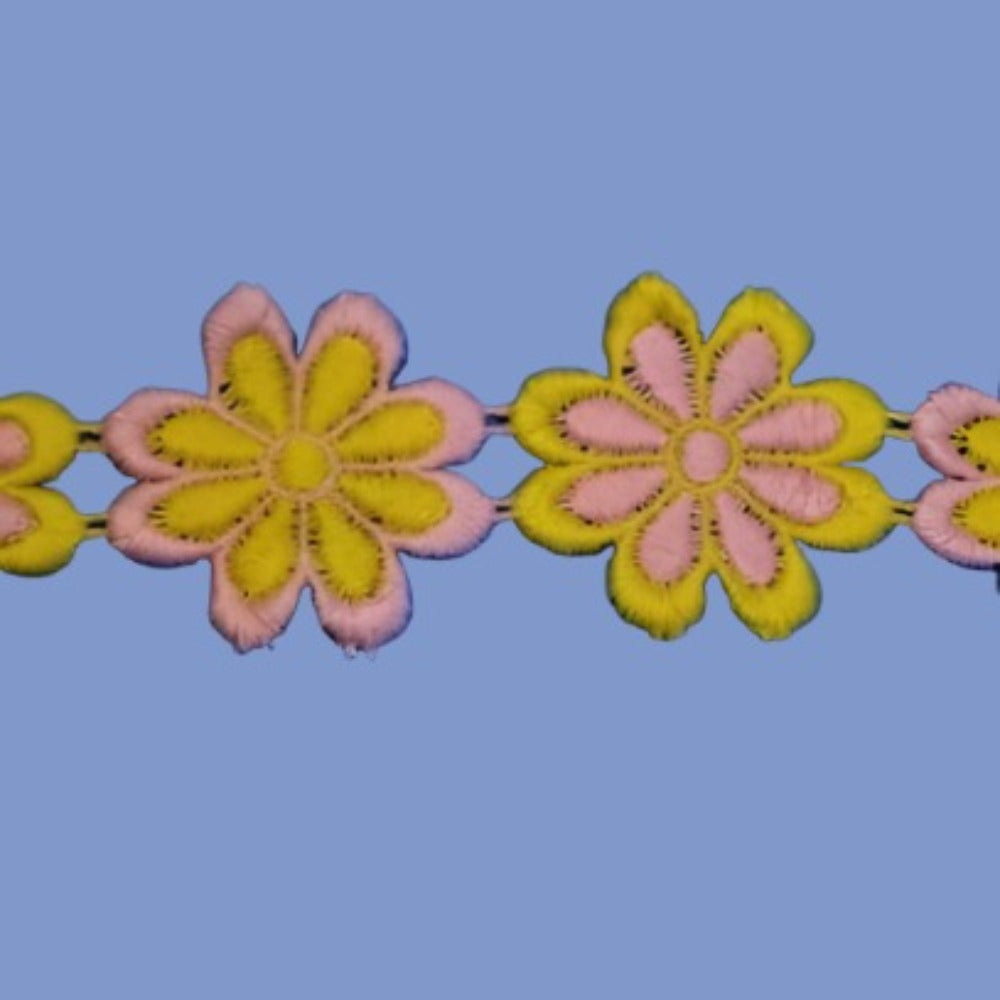 8 1/2 metres approximately guipure lace bright coloured daisy flowers pink / yellow 50mm wide clearance