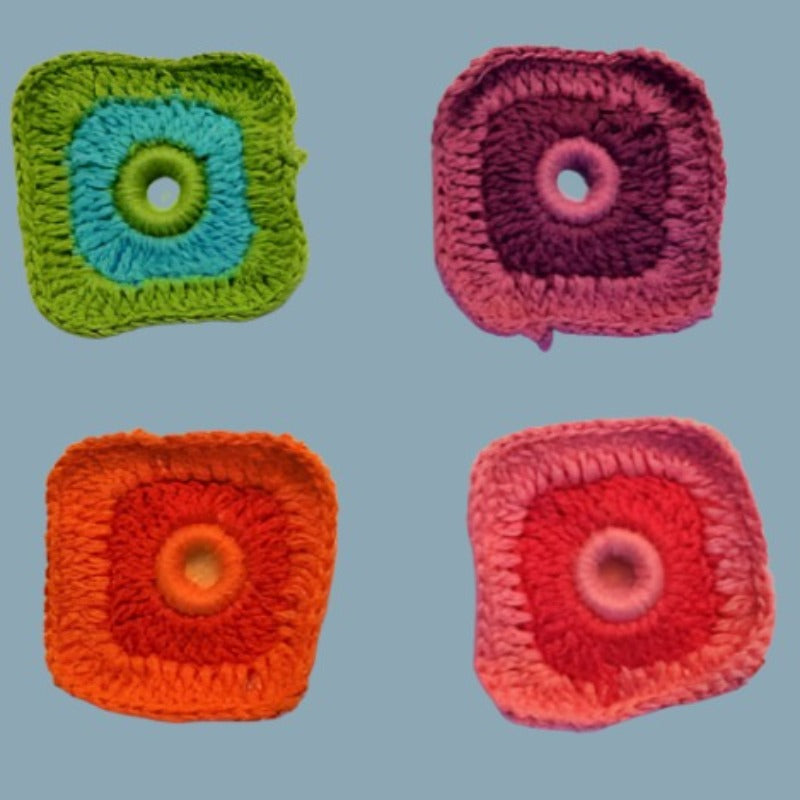 10 square bright colour crochet type motif 5cm with mirror type sequin centre clearance