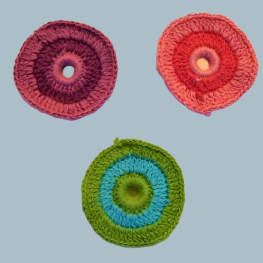 10 round bright colour crochet type motif 5cm with mirror type sequin centre clearance