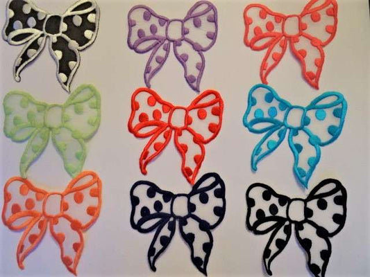 10 IRON ON Bow motifs with spot design 9cm x 10cm choice of colour clearance