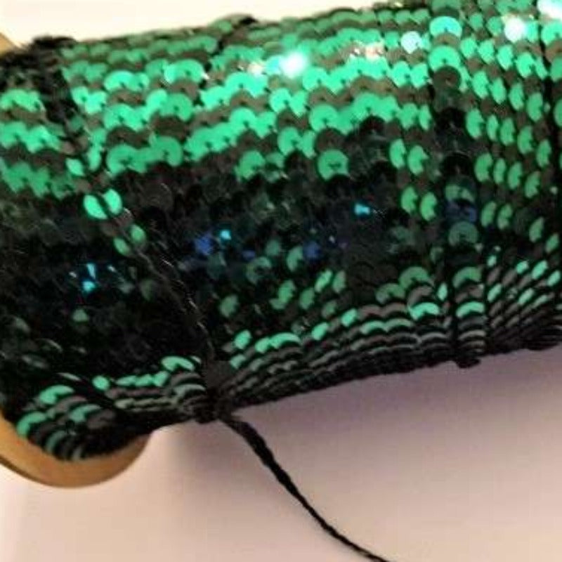25 metres approximately of 6mm  strung sequins two tone Black / Emerald Green clearance