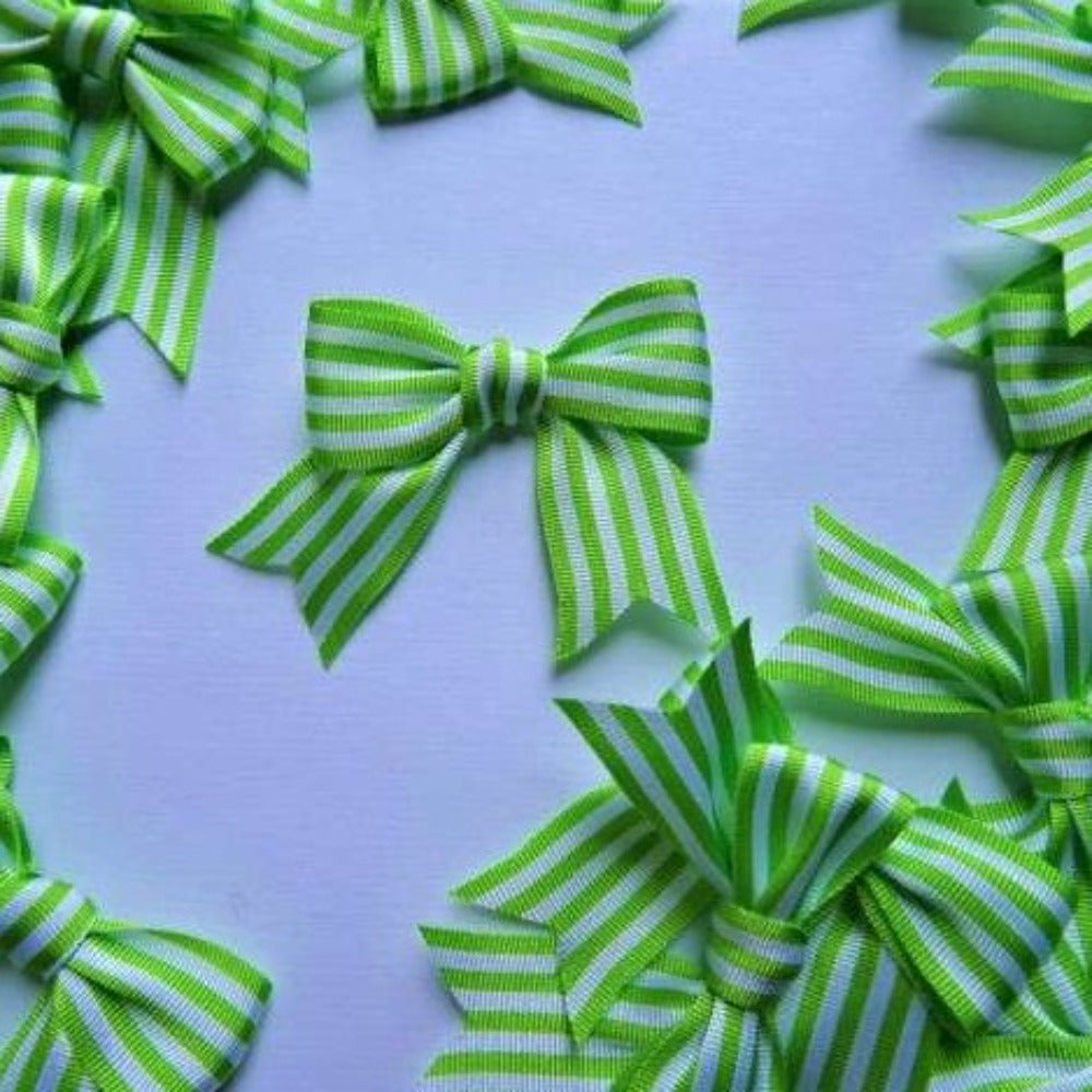 100 bows lime green and white striped polyester fine grosgrain type ri ...