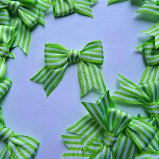 100 bows lime green and white striped polyester fine grosgrain type ribbon [ size 16mm ribbon ] clearance