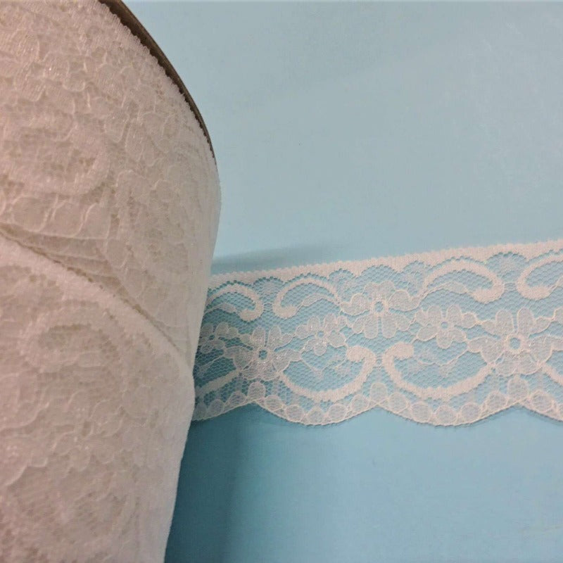 20 metre card of floral design WHITE lace 55mm / 2.25 inch wide